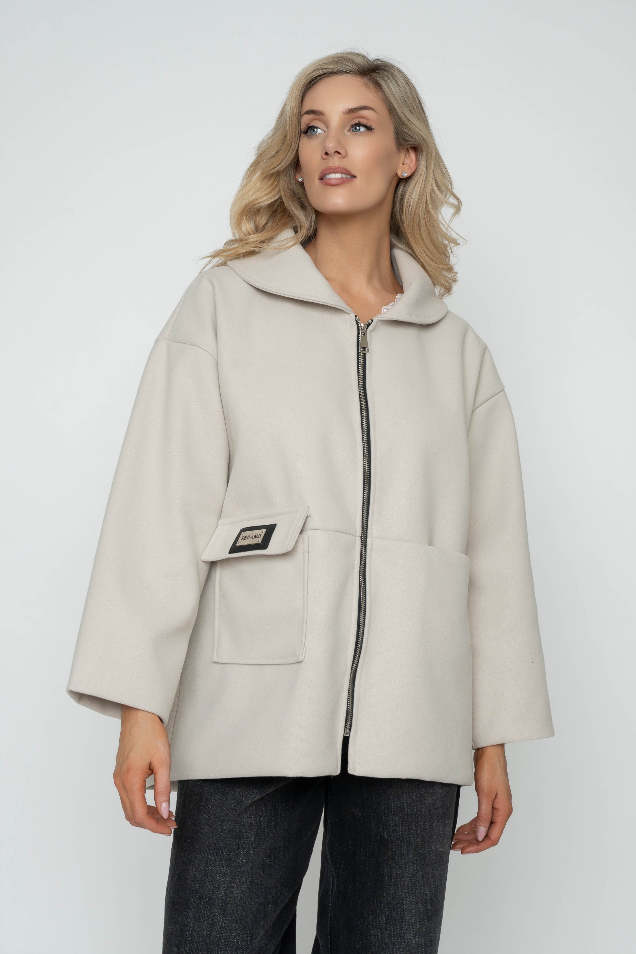 Beige Hooded Badge Detail Pocket Jacket