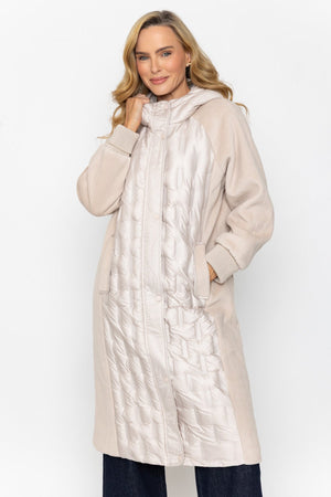 Carraig Donn Beige Hybrid Quilted Pockets Hooded Longline Coat
