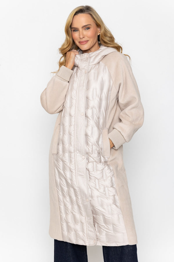 Carraig Donn Beige Hybrid Quilted Pockets Hooded Longline Coat