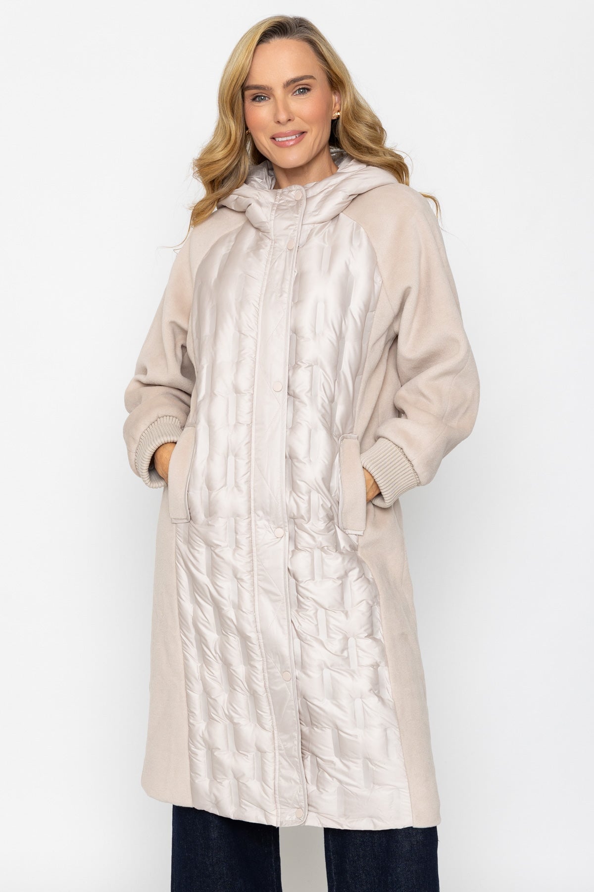 Beige Hybrid Quilted Pockets Hooded Longline Coat