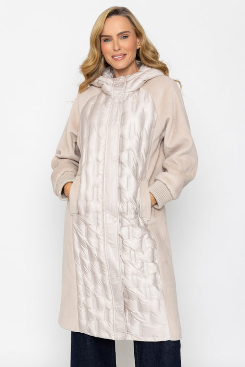 Beige Hybrid Quilted Pockets Hooded Longline Coat