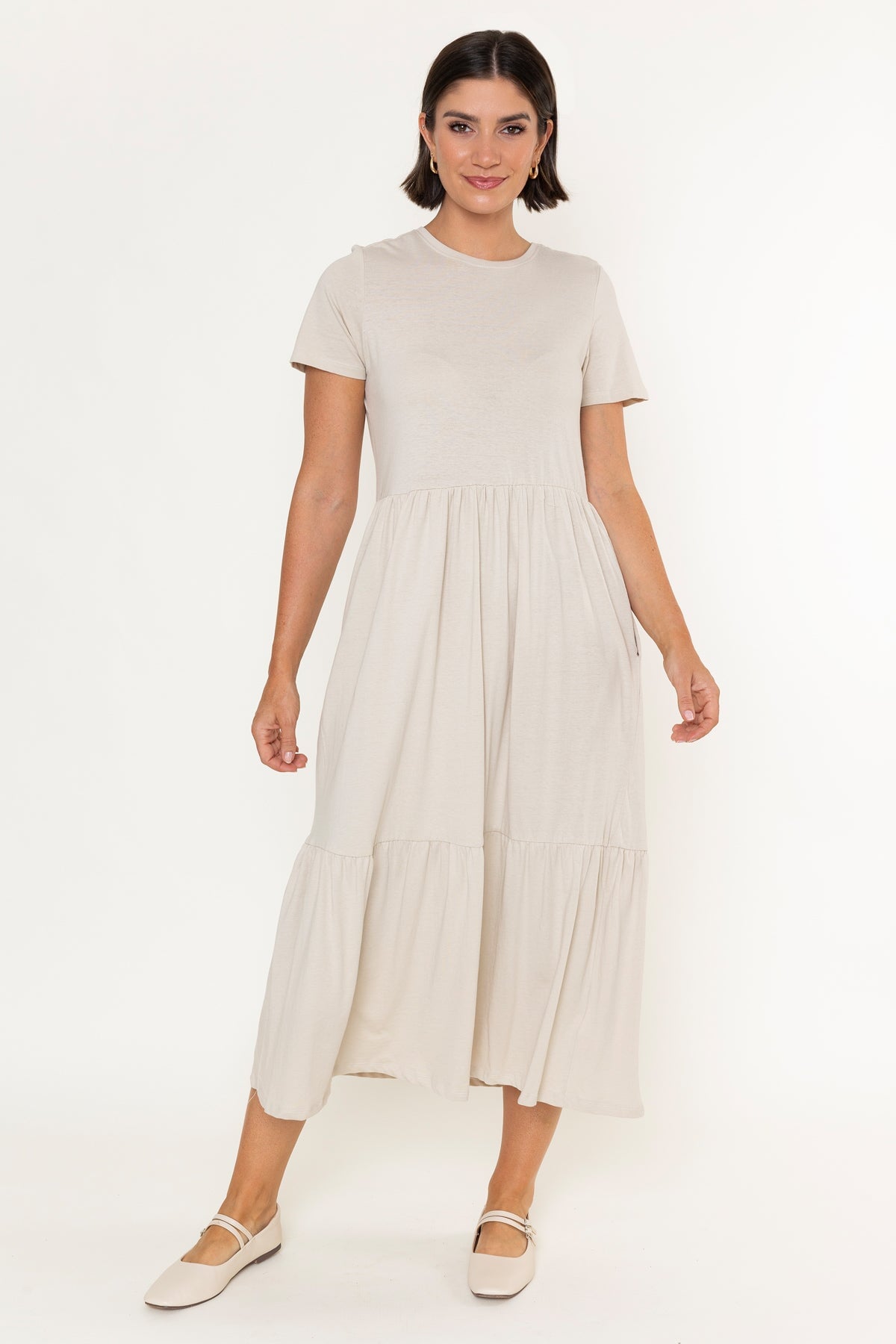 Beige Jersey Tiered A-Line Short Sleeve Midi Dress