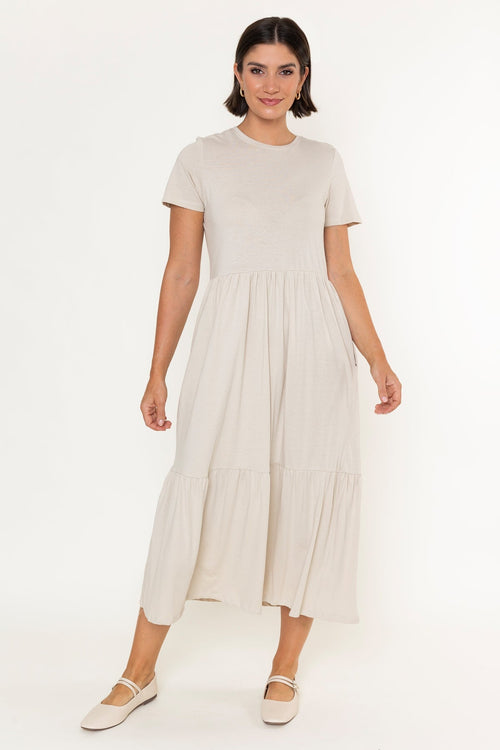 Beige Jersey Tiered A-Line Short Sleeve Midi Dress
