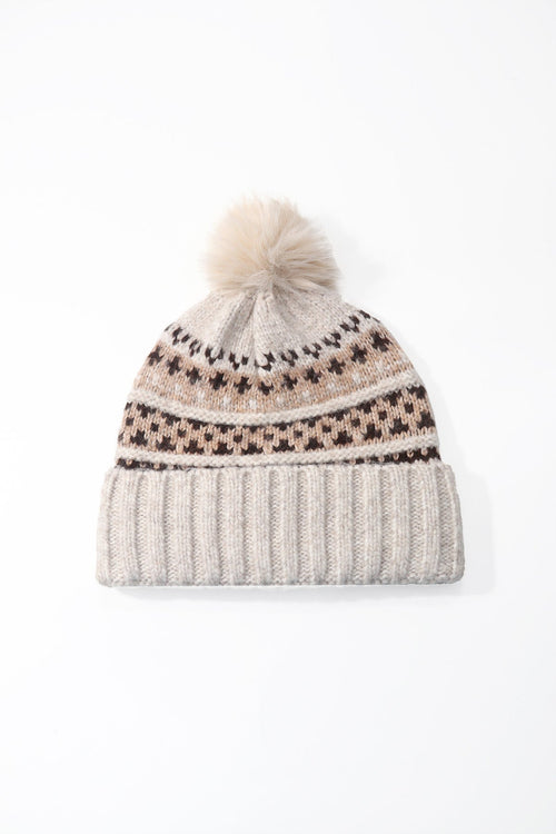 Beige Knitted Fairisle Print Pom Pom Beanie Hat