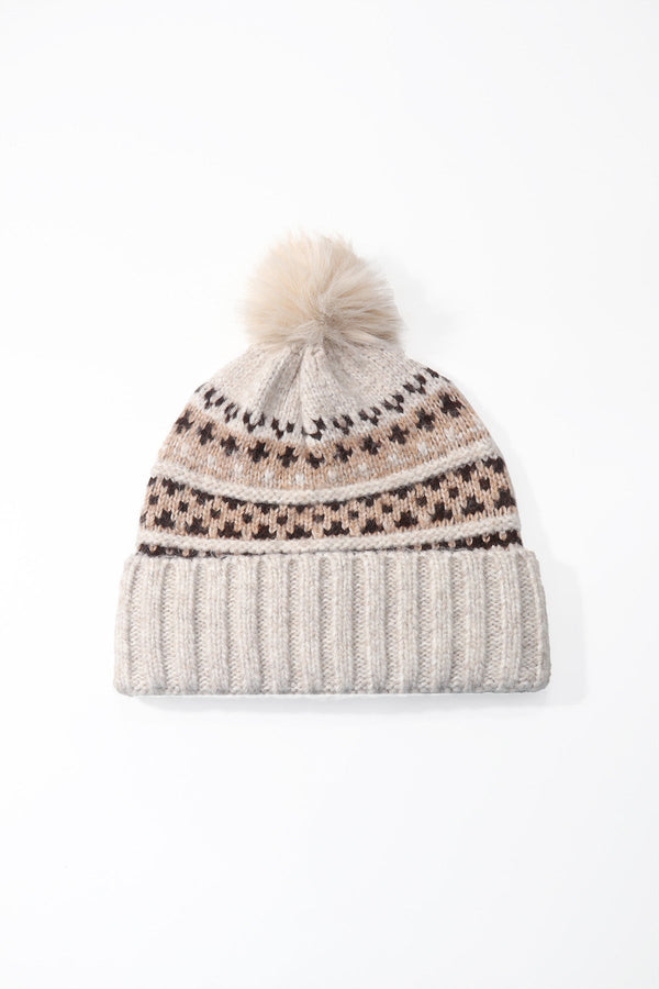 Carraig Donn Beige Knitted Fairisle Print Pom Pom Beanie Hat