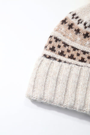 Carraig Donn Beige Knitted Fairisle Print Pom Pom Beanie Hat