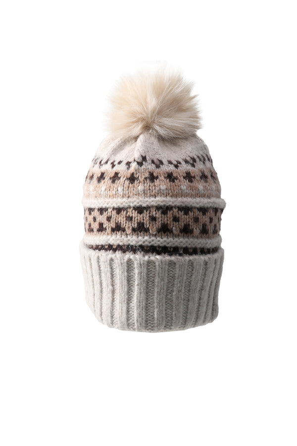 Carraig Donn Beige Knitted Fairisle Print Pom Pom Beanie Hat