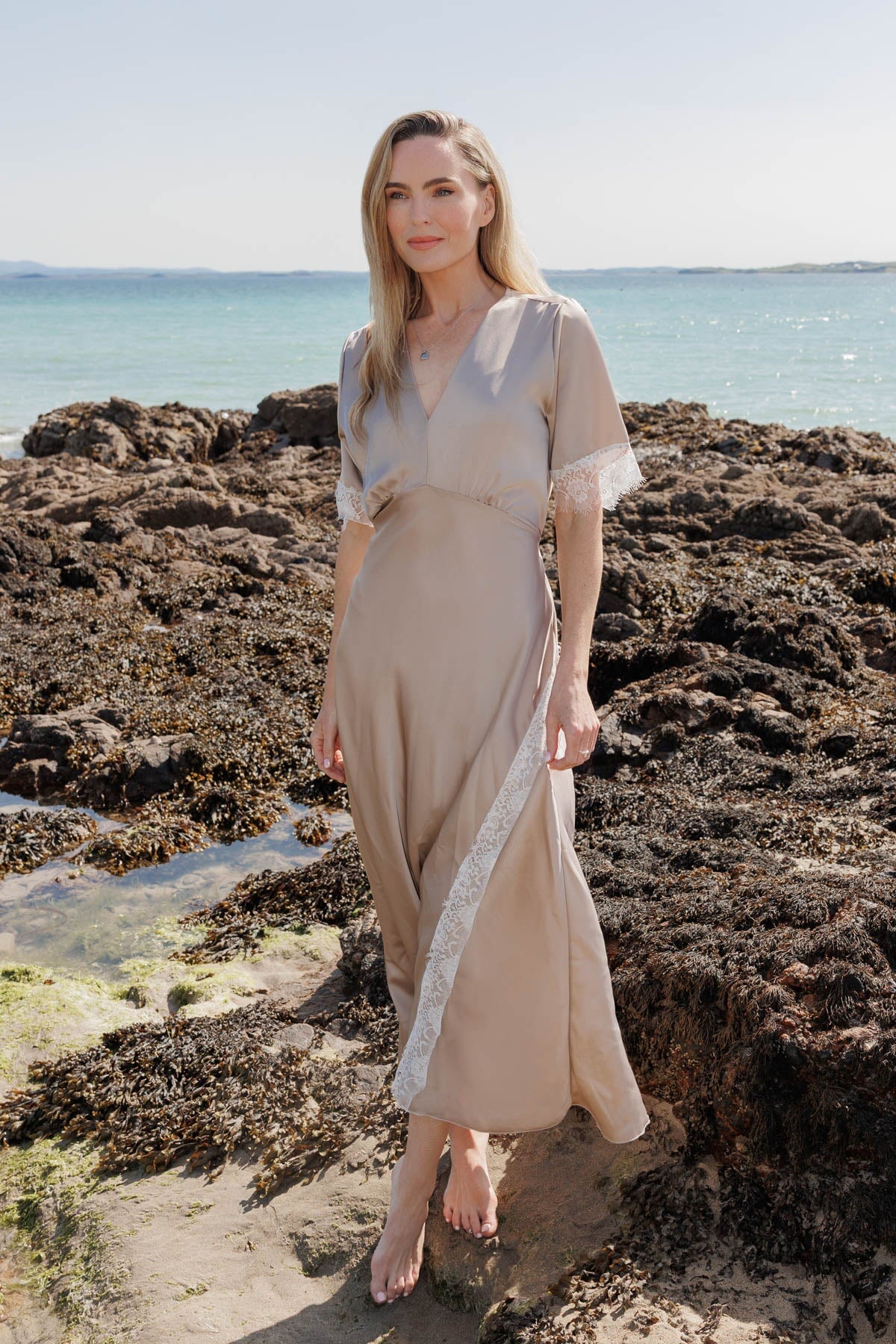 Beige Lace Trim Maxi Dress