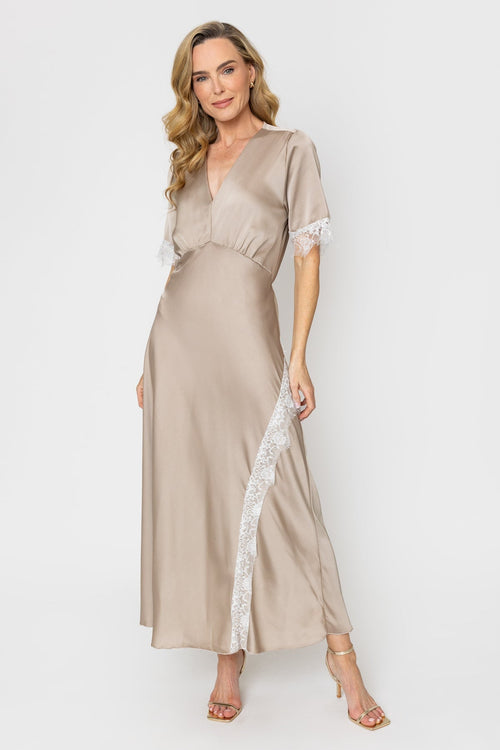 Beige Lace Trim Maxi Dress