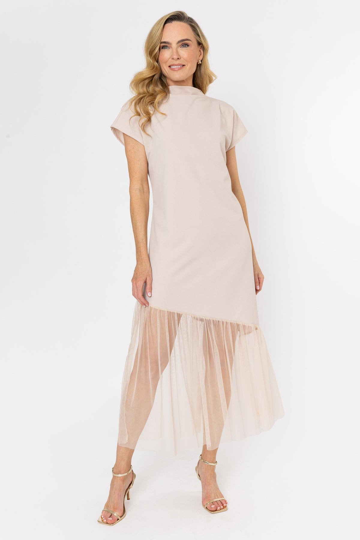 Beige Mesh Hem Midi Dress