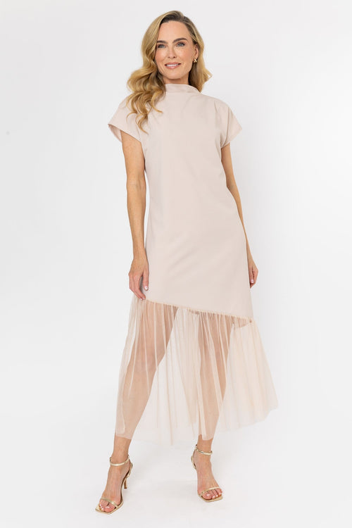 Beige Mesh Hem Midi Dress