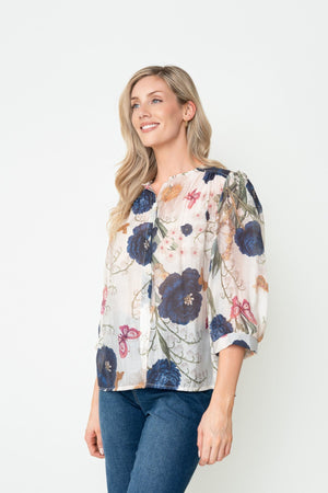 Carraig Donn Beige & Navy Floral Print Sheer Lyocell Blend 3/4 Sleeve Blouse