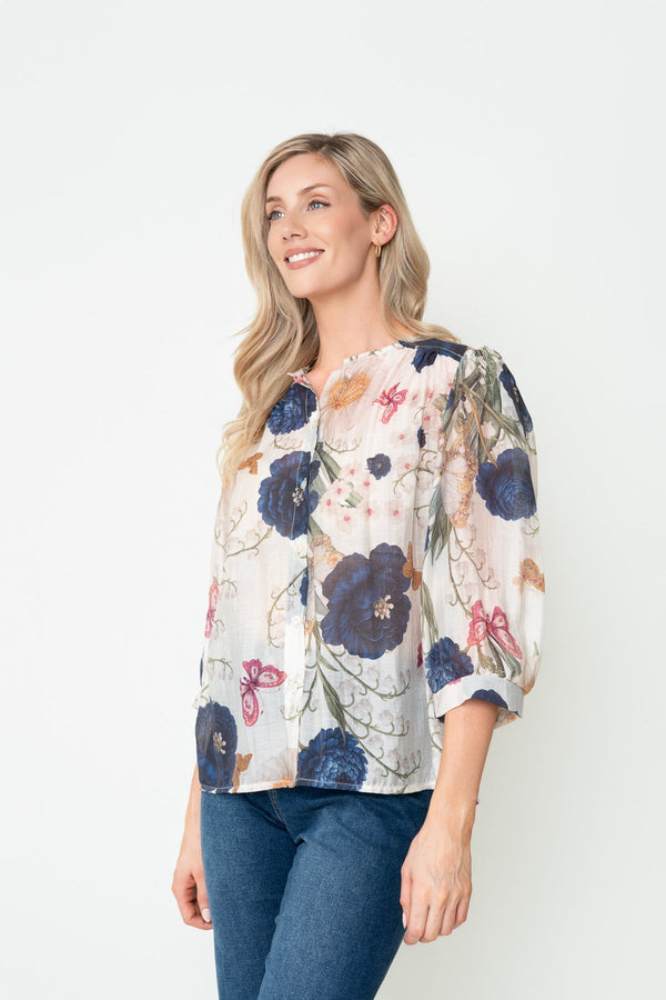 Carraig Donn Beige & Navy Floral Print Sheer Lyocell Blend 3/4 Sleeve Blouse