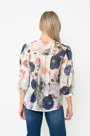 Carraig Donn Beige & Navy Floral Print Sheer Lyocell Blend 3/4 Sleeve Blouse