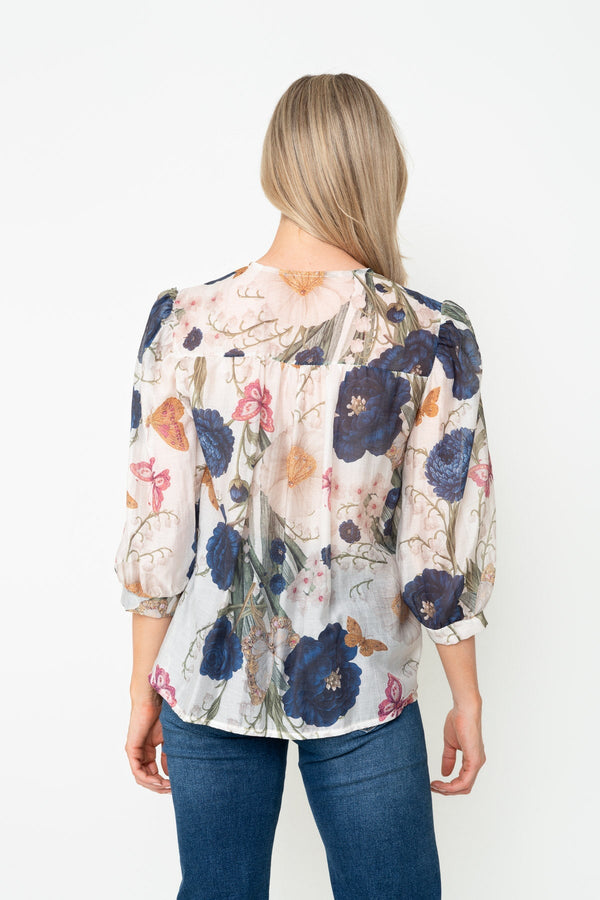 Carraig Donn Beige & Navy Floral Print Sheer Lyocell Blend 3/4 Sleeve Blouse
