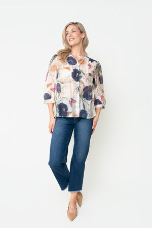 Carraig Donn Beige & Navy Floral Print Sheer Lyocell Blend 3/4 Sleeve Blouse
