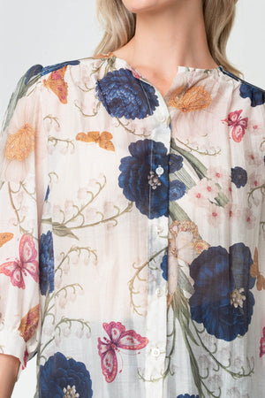 Carraig Donn Beige & Navy Floral Print Sheer Lyocell Blend 3/4 Sleeve Blouse