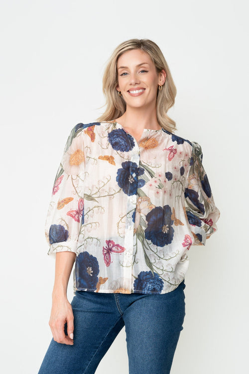 Beige & Navy Floral Print Sheer Lyocell Blend 3/4 Sleeve Blouse