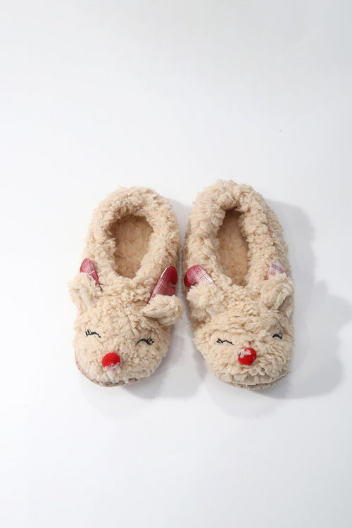 Beige Reindeer Tartan Slipper Socks