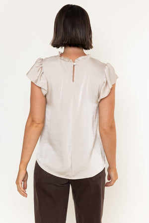 Carraig Donn Beige Sateen Ruffle High Neck Short Cap Sleeve Top