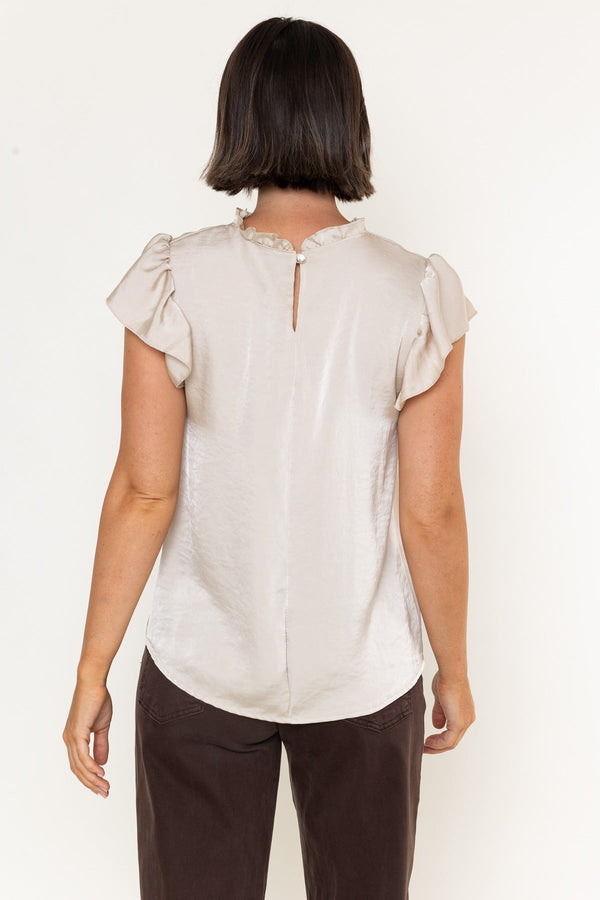 Carraig Donn Beige Sateen Ruffle High Neck Short Cap Sleeve Top