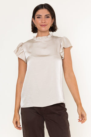 Carraig Donn Beige Sateen Ruffle High Neck Short Cap Sleeve Top