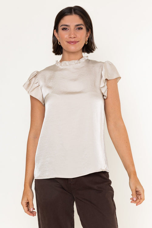 Beige Sateen Ruffle High Neck Short Cap Sleeve Top