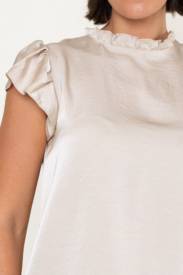 Carraig Donn Beige Sateen Ruffle High Neck Short Cap Sleeve Top