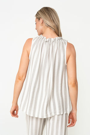 Carraig Donn Beige Stripe Print Viscose High Neck Sleeveless Top