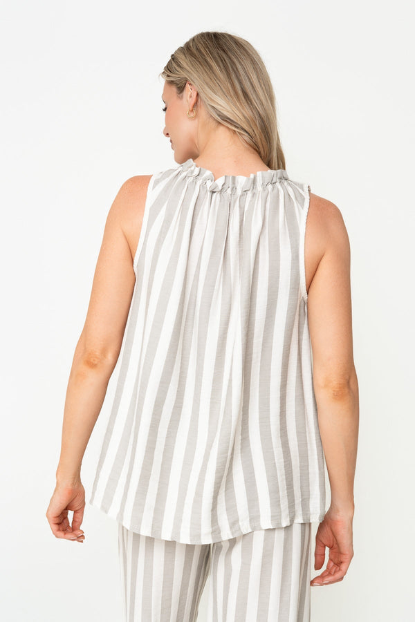 Carraig Donn Beige Stripe Print Viscose High Neck Sleeveless Top
