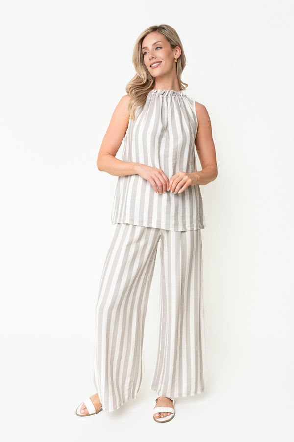 Carraig Donn Beige Stripe Print Viscose High Neck Sleeveless Top