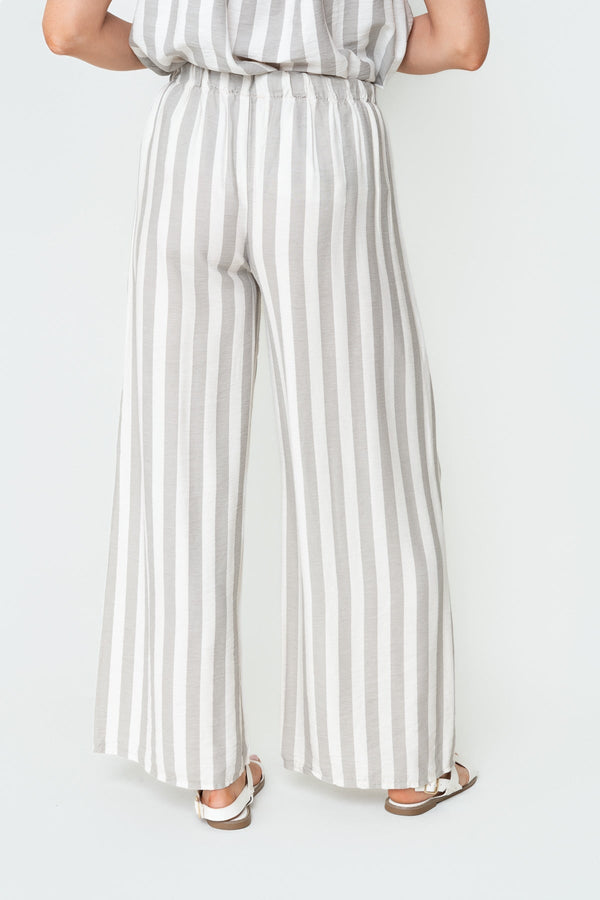 Carraig Donn Beige Stripe Print Viscose High Waisted Wide Leg Trousers