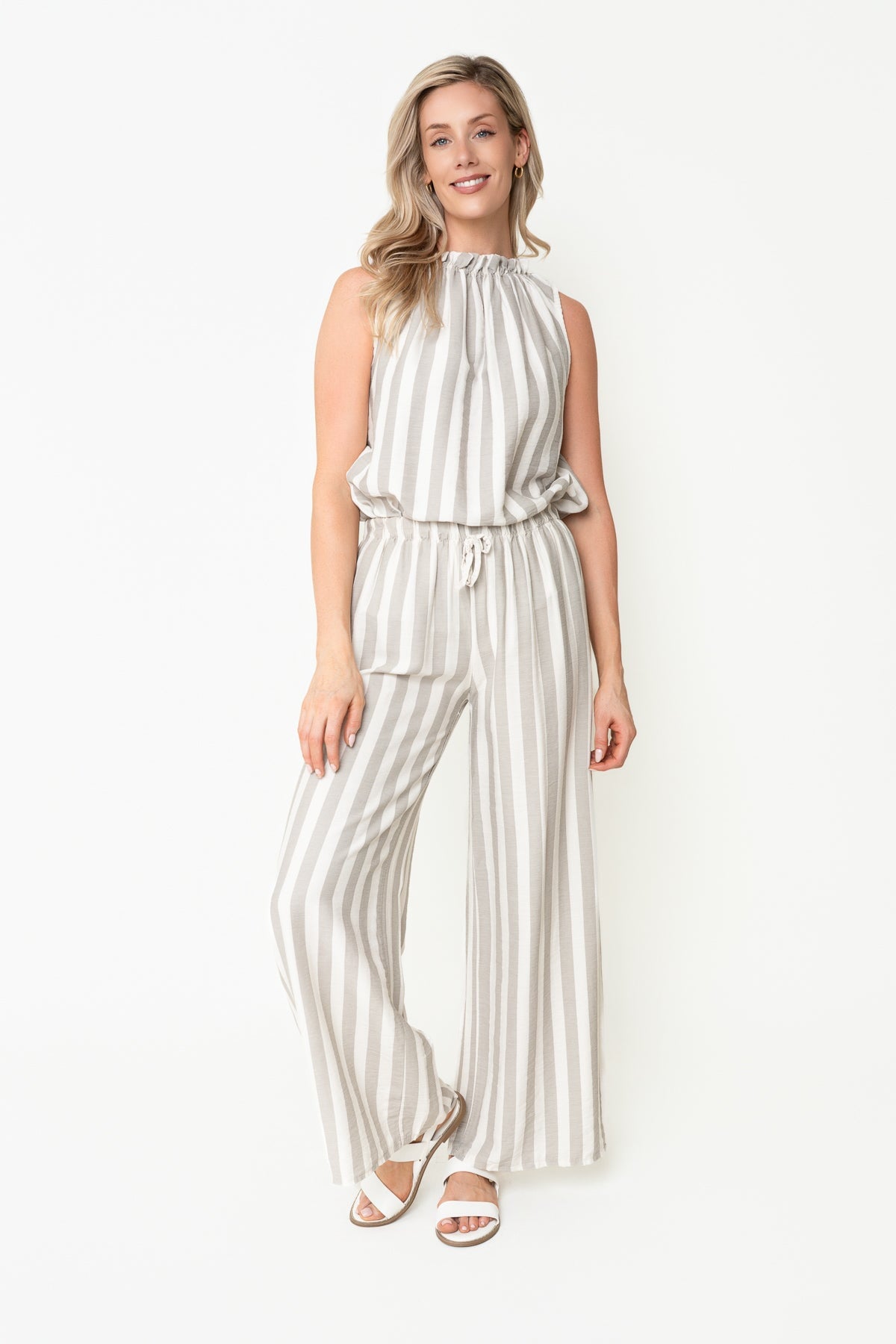 Beige Stripe Print Viscose High Waisted Wide Leg Trousers
