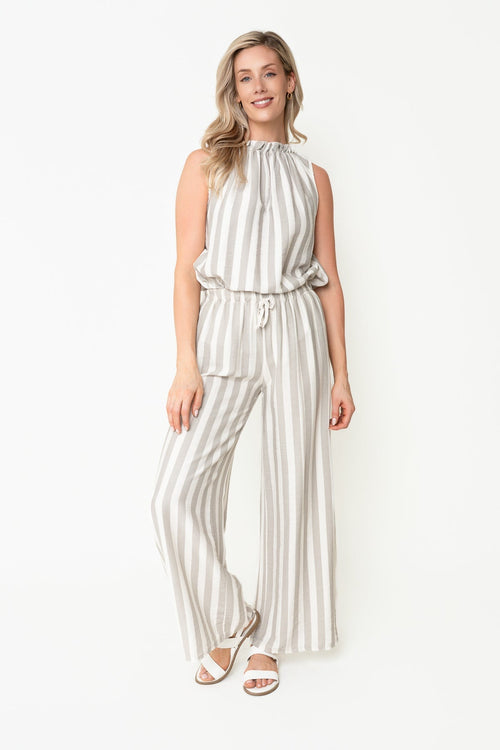 Beige Stripe Print Viscose High Waisted Wide Leg Trousers