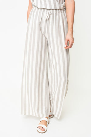 Carraig Donn Beige Stripe Print Viscose High Waisted Wide Leg Trousers