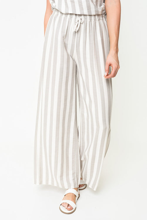 Carraig Donn Beige Stripe Print Viscose High Waisted Wide Leg Trousers