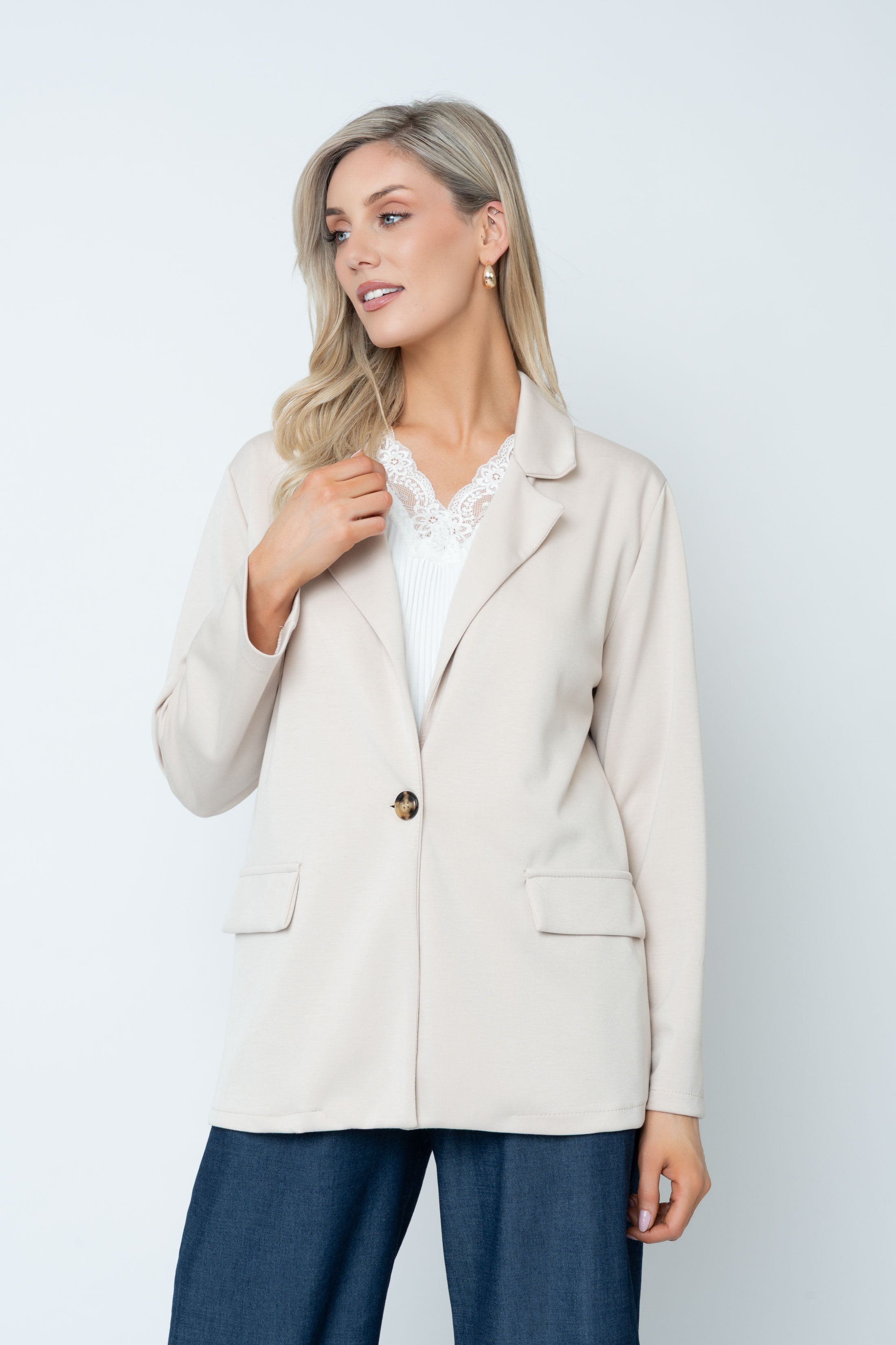 Beige Viscose Blend Long Sleeve Blazer