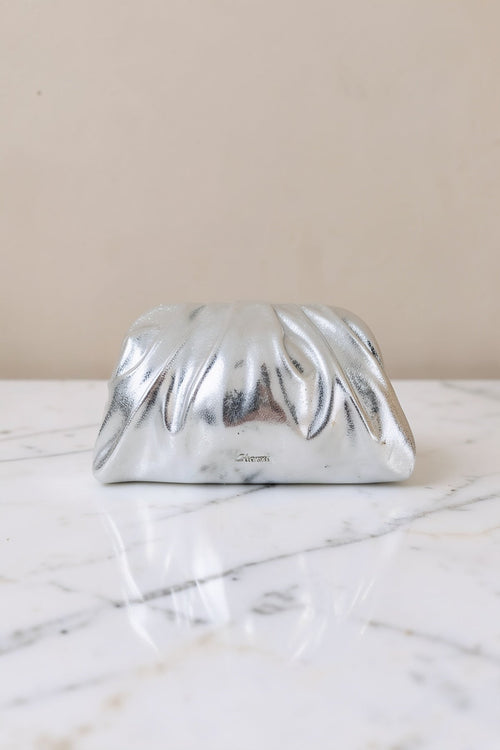 Bellini Silver Faux Leather Ruched Clutch Bag