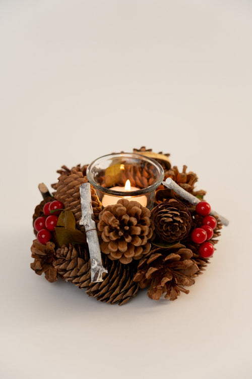 Small Fir Cone & Berry Christmas Votive Candle Holder