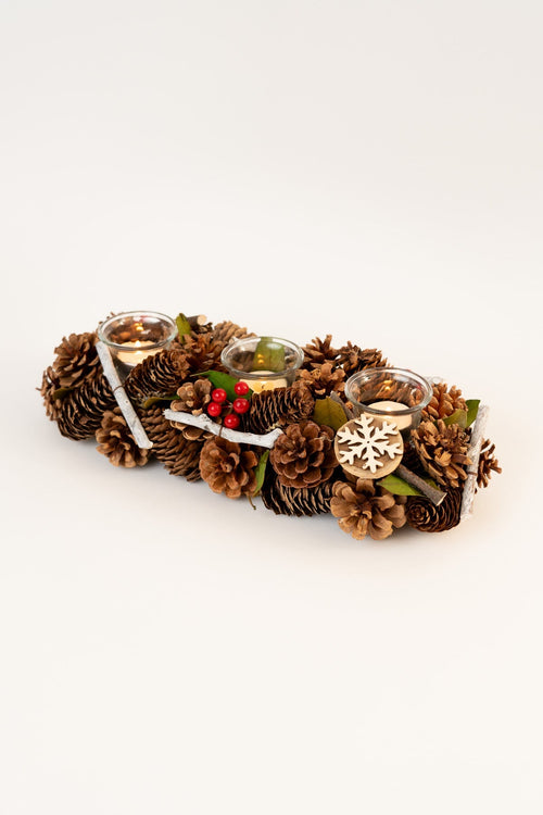 Fir Cone & Berry Triple Christmas Votive Candle Holder