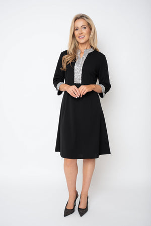 Carraig Donn Black 3/4 Sleeve Knee Length Dress With Silver Sequin Trim