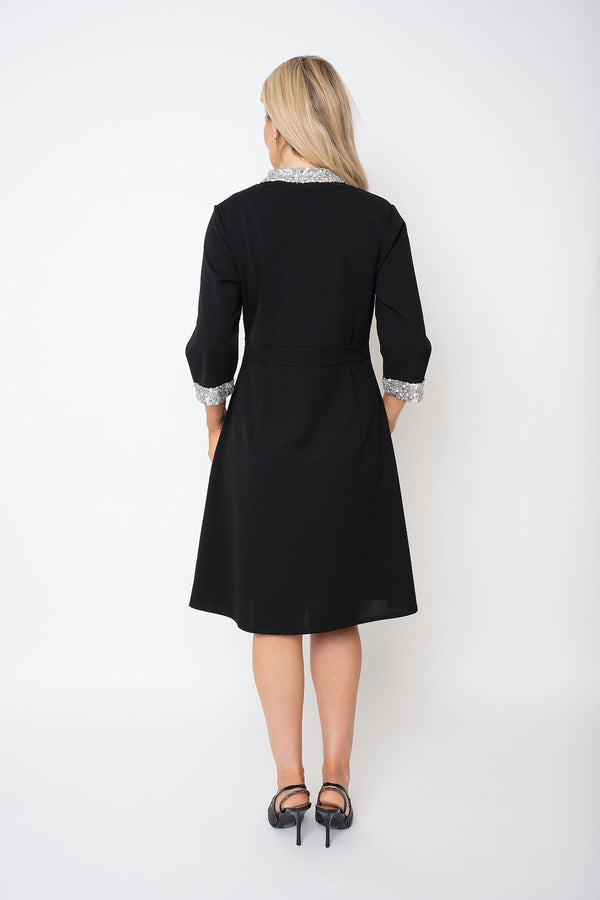Carraig Donn Black 3/4 Sleeve Knee Length Dress With Silver Sequin Trim
