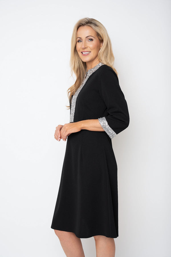 Carraig Donn Black 3/4 Sleeve Knee Length Dress With Silver Sequin Trim