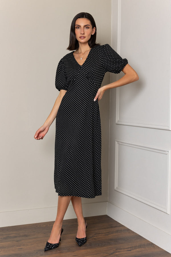 Carraig Donn Black A-Line Polka Dot Print Short Sleeve Midi Dress