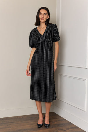 Carraig Donn Black A-Line Polka Dot Print Short Sleeve Midi Dress