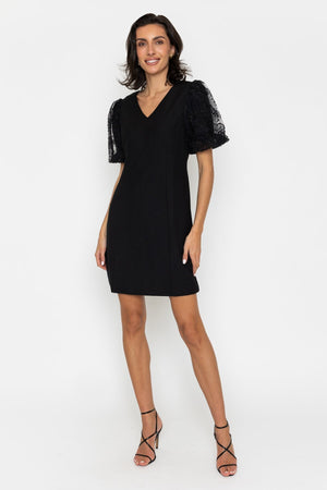 Carraig Donn Black Beaded Puff Sleeve Short Dress