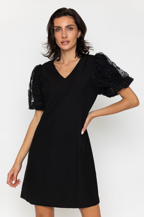 Carraig Donn Black Beaded Puff Sleeve Short Dress