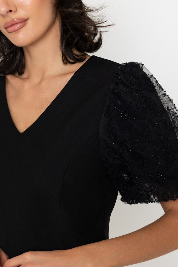 Carraig Donn Black Beaded Puff Sleeve Short Dress