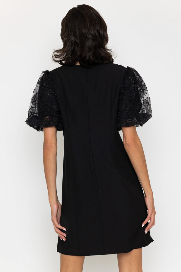 Carraig Donn Black Beaded Puff Sleeve Short Dress