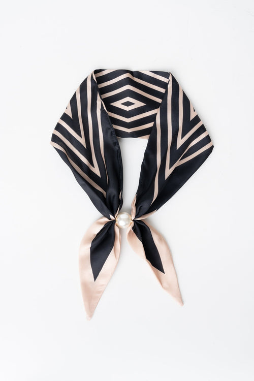 Black & Beige Chevron Stripe Satin Pearl Clasp Scarf